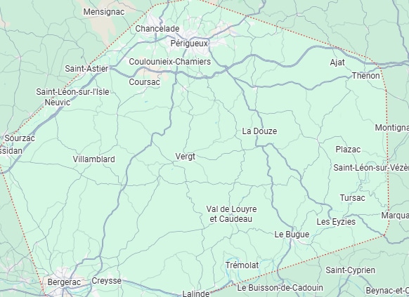 Carte Dordogne : Secteur Périgueux, Bergerac et Vergt Carte détaillée de la Dordogne avec Périgueux, Bergerac et Vergt montrant le réseau routier local.